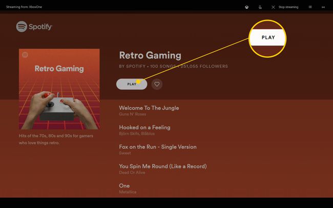 Xbox One Spotify -sovellus, jossa on korostettu soittolista