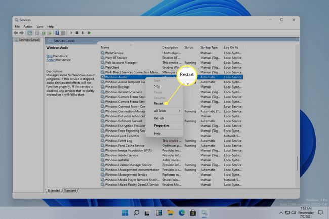 Käynnistä uudelleen vaihtoehto Windows Audio -palvelu