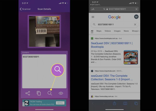 Viivakoodi skannataan iPhone-sovelluksella ja tiedot näkyvät Googlen hakutuloksissa.