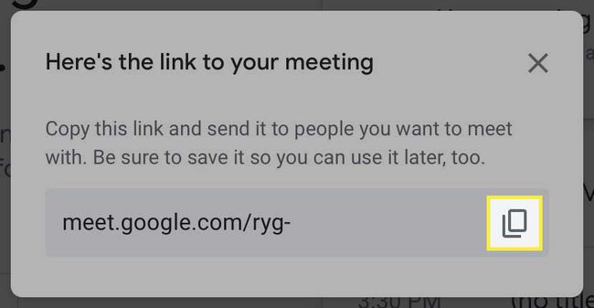 Kopioi linkki -painike korostettuna Google Meetissä.