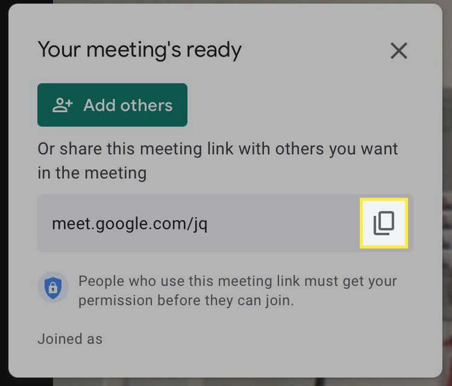 Kopioi linkki -painike korostettuna Google Meetissä.