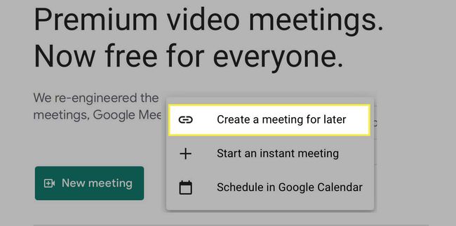 Luo kokous myöhempää varten -painike korostettuna Google Meetissä.