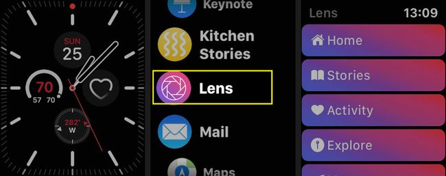 Apple Watch, jossa Lens-sovellus korostettuna