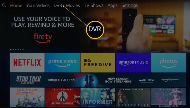 Fire TV -aloitusnäyttö uudelleen järjestetyllä DVR-kategorialla