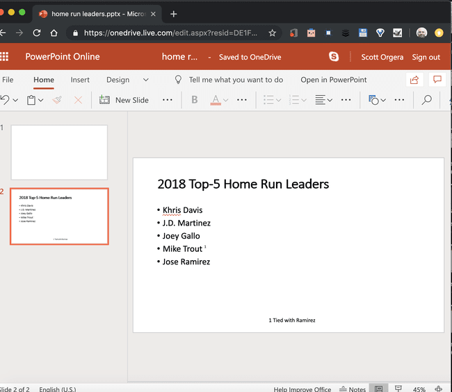 kuvakaappaus alaviitteestä PowerPoint Onlinessa