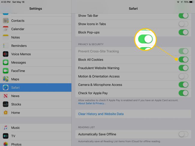 Estä kaikki evästeet iOS Safari -asetuksissa