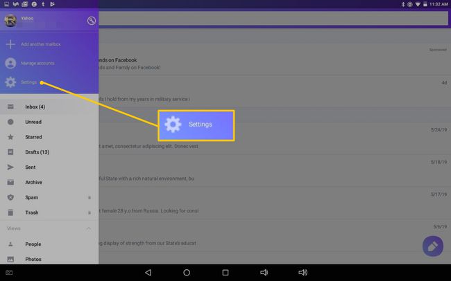 Asetukset-painike Yahoo Mail -mobiilisovelluksessa