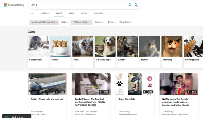 Bing Catin videohakutulokset edistyneillä suodattimilla
