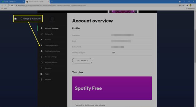 Valitse Spotify-sivustolta Vaihda salasana.