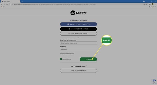 Spotify-kirjautumisnäyttö, jossa Kirjautuminen on korostettuna.