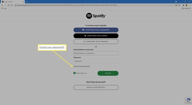 Valitse Unohditko salasanasi Spotifyn kirjautumissivulta.