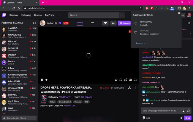 Twitch-sivusto Google Chrome -selaimessa.