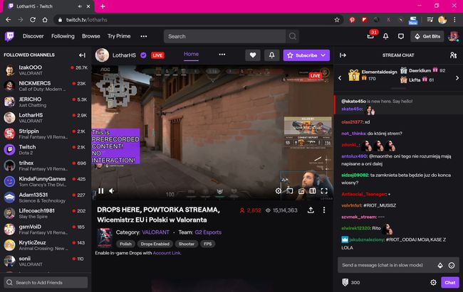 Twitch-sivusto Google Chrome -selaimessa.