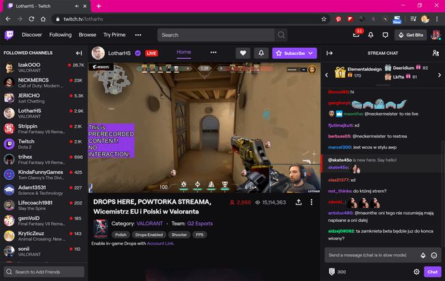 Twitch-sivusto Google Chrome -selaimessa.