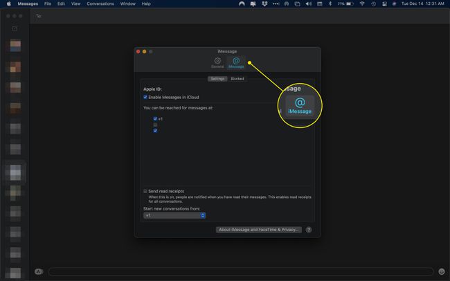 iMessage-välilehti macOS Messages -asetuksissa