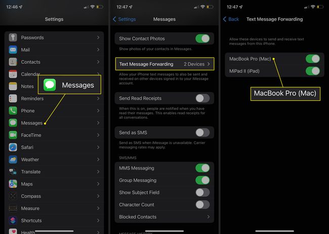 Viestit, tekstiviestien edelleenlähetys ja Mac iOS:n Asetukset-sovelluksessa