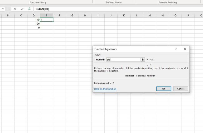 D1 valittu SIGN Function Arguments -valintaikkunan Numero-kenttään