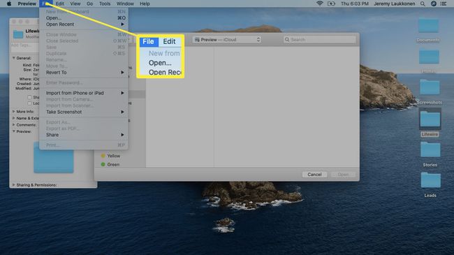 Tiedosto-valikko macOS:n Esikatselu-sovelluksessa.