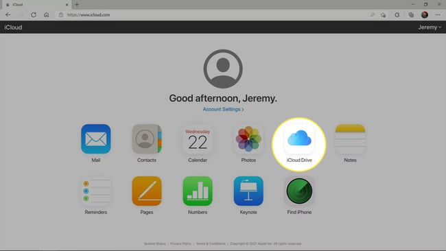 iCloud Drive korostettuna iCloud-verkkosivustolla.