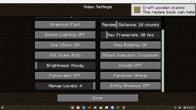 Kuvakaappaus videoasetuksista Minecraftissa Chromebookilla