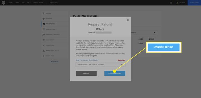 Vahvista hyvitys -vaihtoehto Request Refund -valintaikkunassa Epic Games Store -verkkosivustolla.