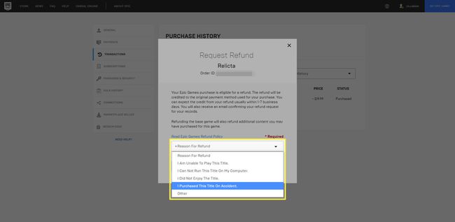 Request Refund -valintaikkuna Epic Games Store -verkkosivustolla.