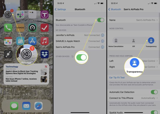 Vaiheet läpinäkyvyystilan käyttöönottoon AirPodsissa iPhonen Bluetooth-asetuksista.