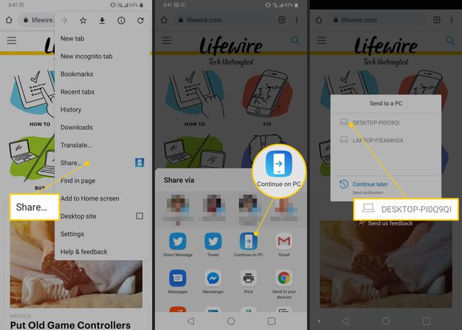 Jaa, Jatka PC:llä, Jaa vaihtoehdot PC:llä puhelimessasi