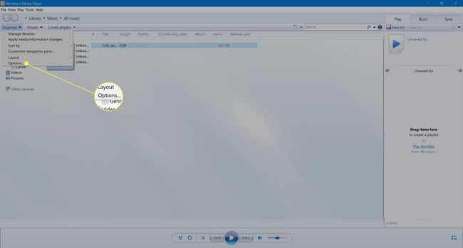 Valitse asetukset Windows Media Player 12:ssa.