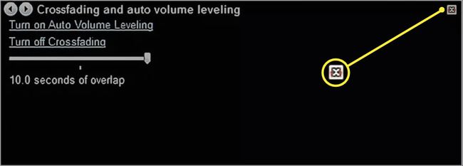 Valitse X sulkeaksesi Crossfading- ja Auto Volume Leveling -asetukset Windows Media Player 12:ssa.