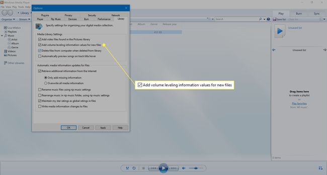 Valitse Lisää tietovoimakkuuden tasoitusarvot uusille tiedostoille Windows Media Player 12:ssa.