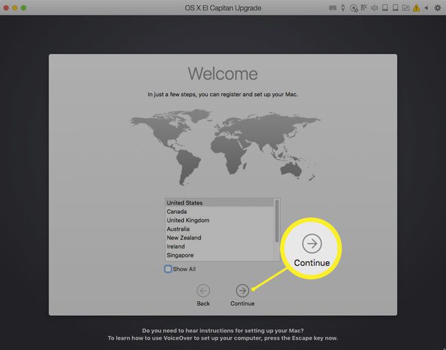 OS X El Capitan -asennuksen aloitusnäyttö