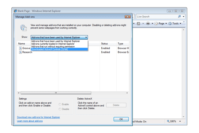 Valikkokohta Activex-ohjaimet ladattu Internet Explorerissa