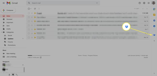 Dropbox for Gmail -laajennuskuvake Gmail-postilaatikossa