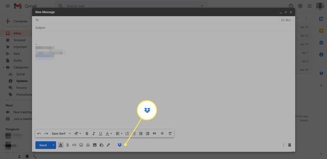 Uusi Gmail-sähköposti, jossa Dropbox-lisäosakuvake on korostettuna