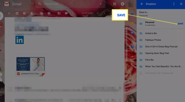 Dropbox for Gmail -lisäosa, jossa on korostettuna Tallenna-vaihtoehto