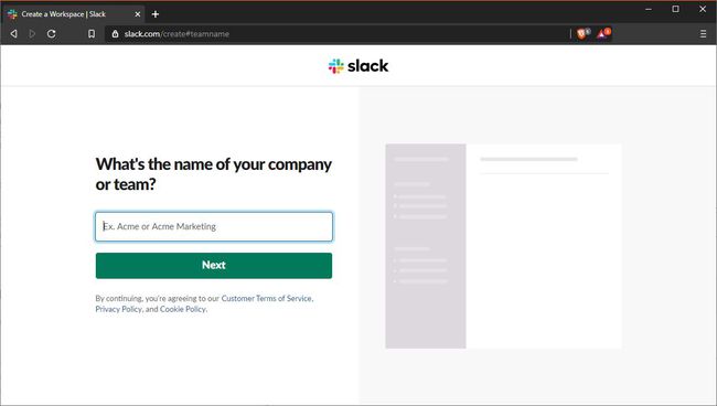 A screenshot of the Slack company or team name entry screen.