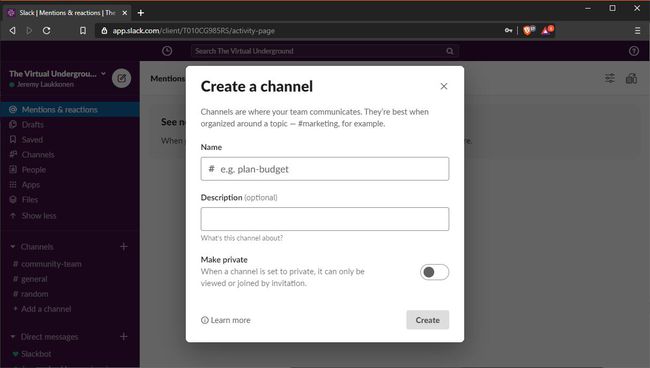 A screenshot of creating a channel in Slack.