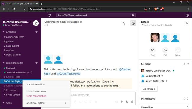 A screenshot showing how to delete a group DM in Slack.