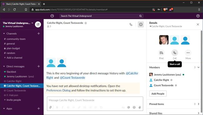 A screenshot showing how to initiate a group call in Slack.
