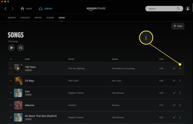 Amazon Music -verkkosovellus, jossa on korostettuna Lisää vaihtoehtoja (kolme pistettä).