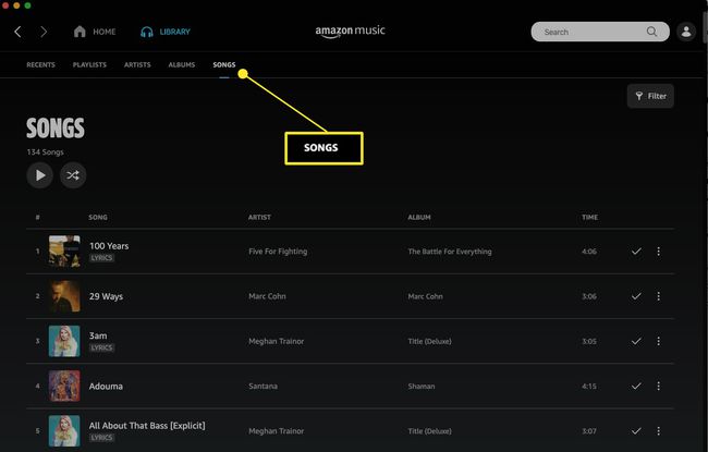 Amazon Music -verkkosovellus, jossa on Songs-välilehti korostettuna