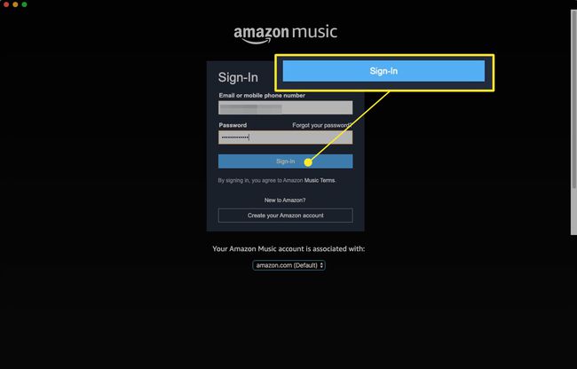 Amazon Music -verkkosovelluksen kirjautumisnäyttö, jossa "Sign Up" on korostettuna