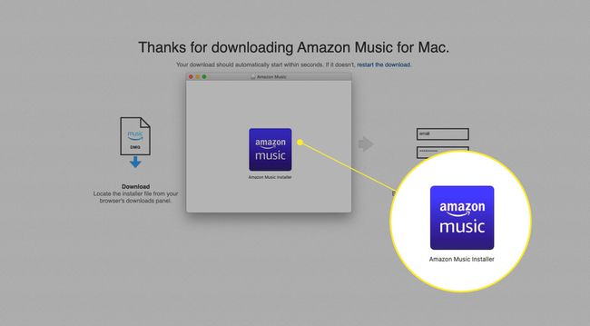 Amazon Music -verkkosovelluksen asennusohjelma, jossa asennustiedosto korostettuna