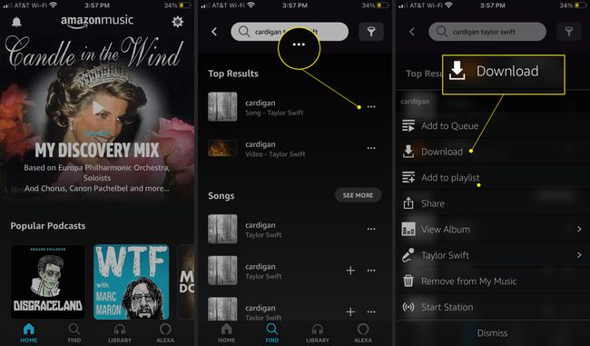 Amazon Music -sovellus, jossa on enemmän vaihtoehtoja (kolme pistettä) ja lataus korostettuna