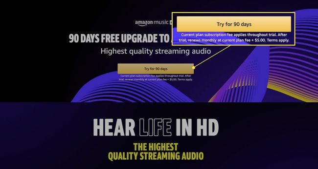 Amazon Music HD -sivu, jossa "Kokeile 90 päivää" on korostettuna