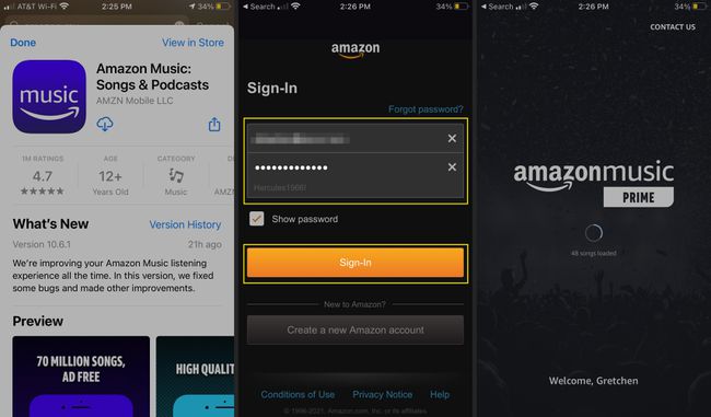 Amazon Music -sovellus sovelluskaupassa sekä kirjautumisnäyttö ja Amazon Music Primen aloitussivu