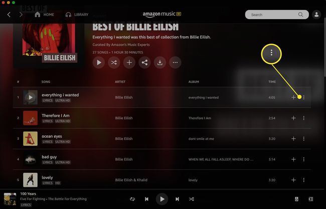 Amazon Music -verkkosovellus, jossa on korostettuna Lisää vaihtoehtoja (kolme pistettä).