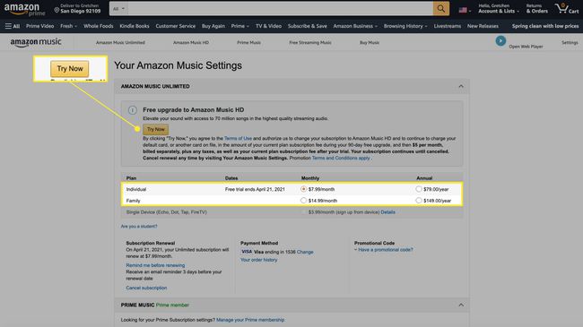 Amazon Music -asetukset, joissa on suunnitelmat ja "kokeile nyt" -merkintä