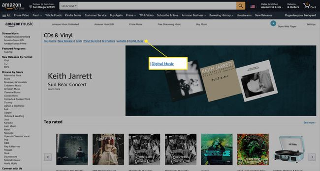 Amazon Music -sivusto, jossa Digital Music on korostettuna